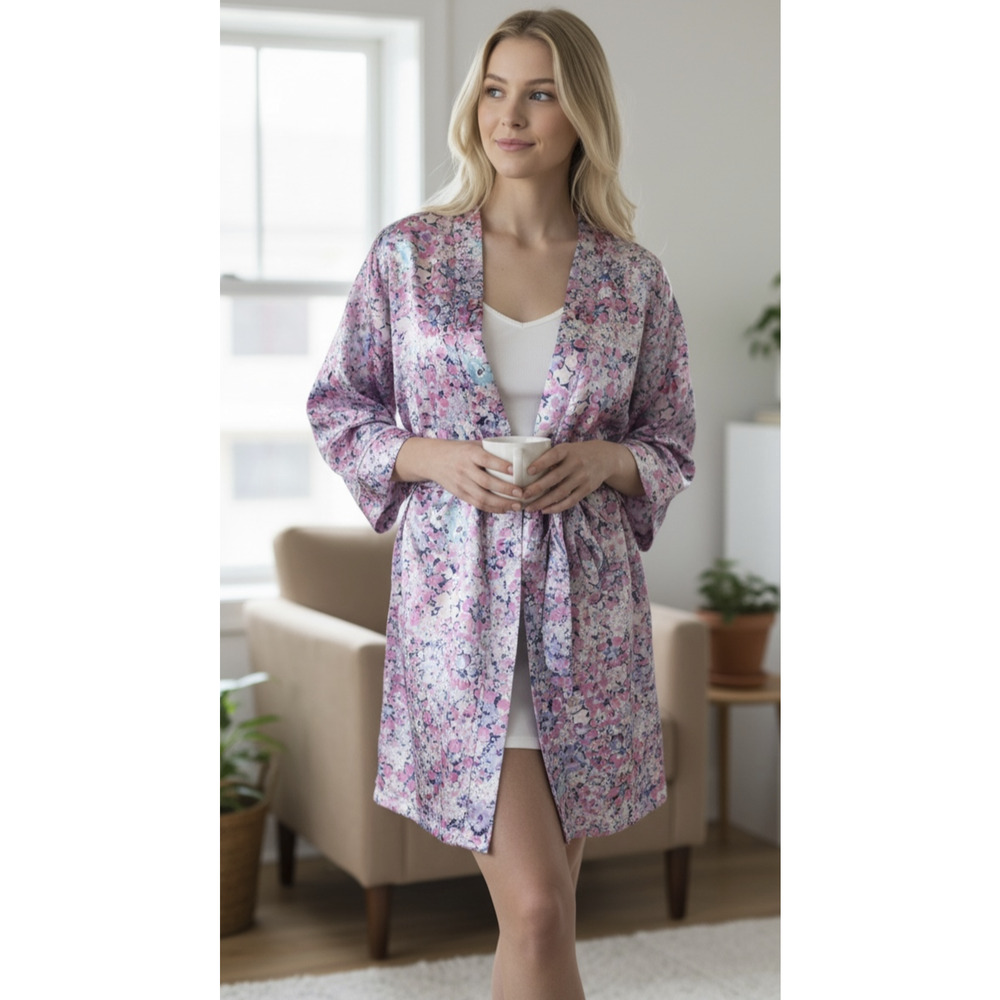 Linea Donatella Floral Satin Robe With Tie Waist Lightweight Size L / XL Bride